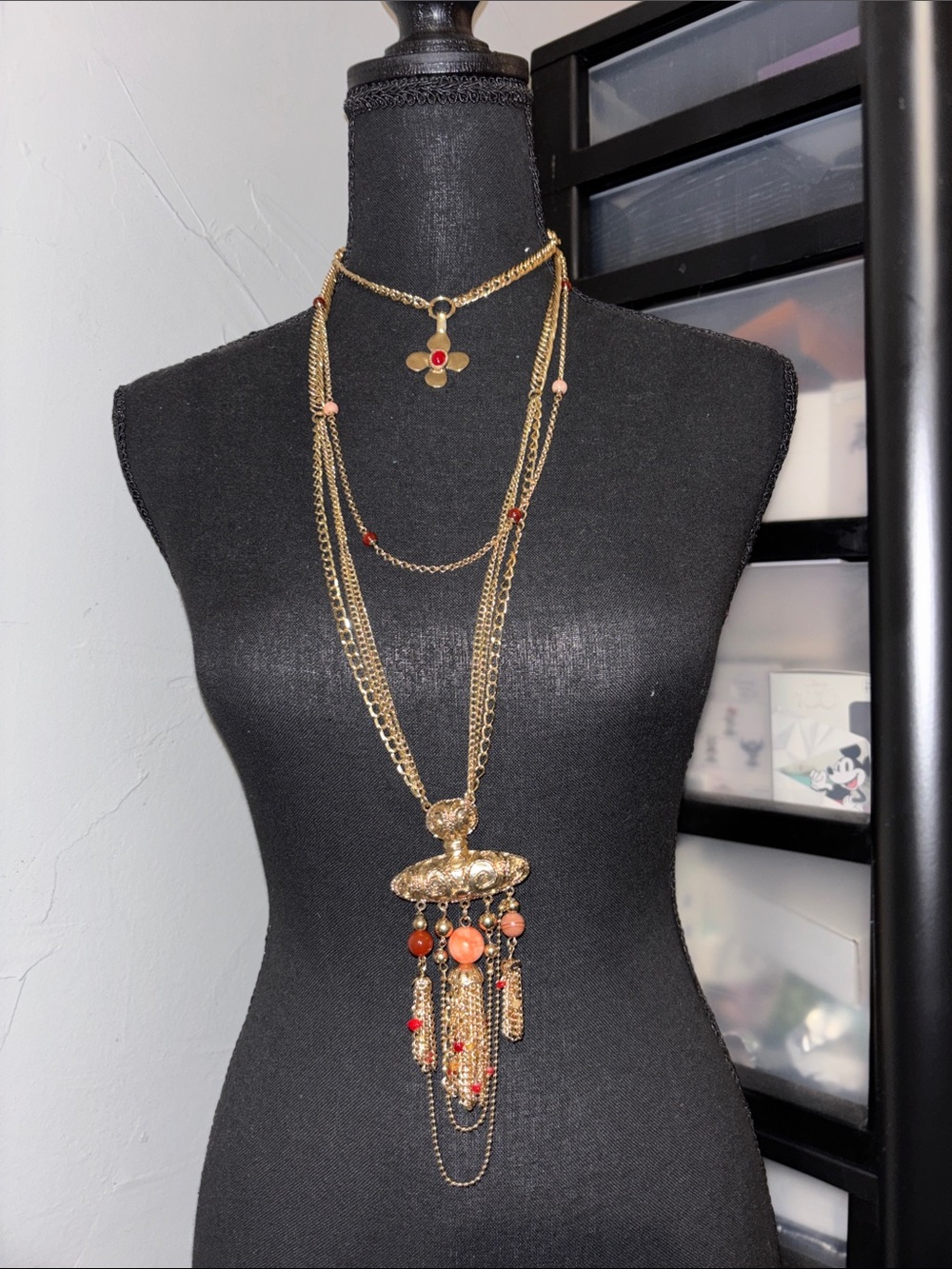 Free People Gold Layered Pendant Necklace with Red Bead Accents